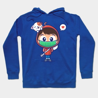 Masked Boy, Guitar And Cat With Love Speech Bubble Cartoon Hoodie